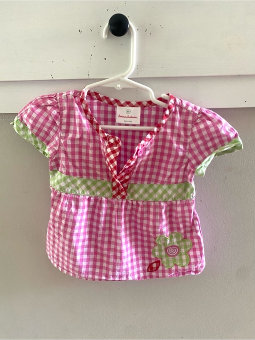Hanna Andersson Pink Green Gingham Checked Button Short Sleeve Shirt Size 80 2T